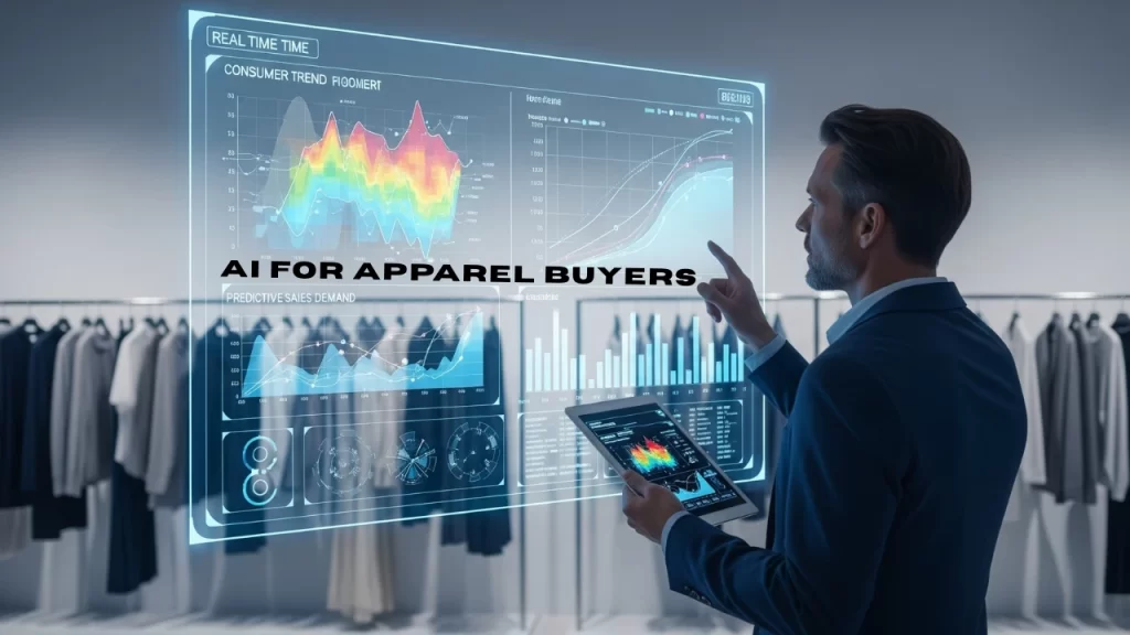 Businessman analyzing AI-driven demand prediction dashboard in a fashion retail environment with digital charts