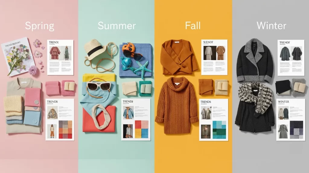 Four seasonal fashion boards for women featuring Spring pastels, Summer beachwear, Fall knits and boots, and Winter coats and layers