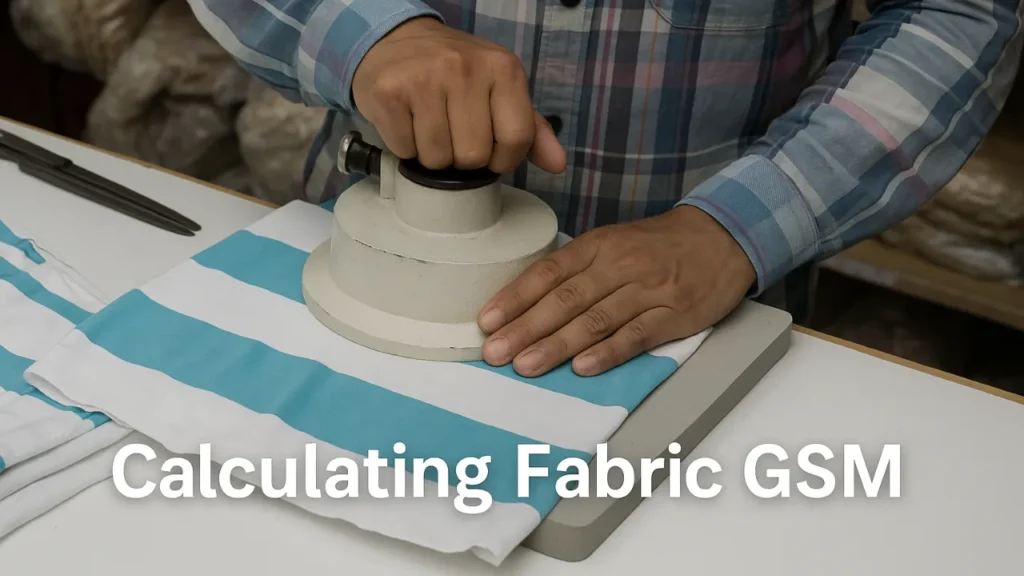 Calculating fabric GSM process by RYZEAL Sourcing, an apparel manufacturing and sourcing company in Bangladesh, showing fabric weight measurement for garments.