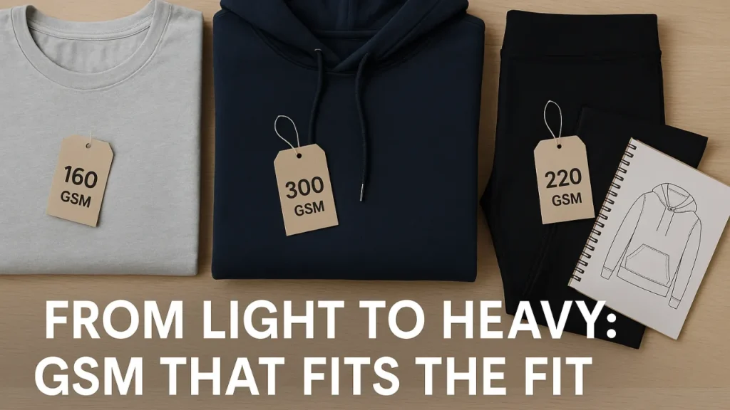 GSM in fabric explained by RYZEAL Sourcing, an apparel manufacturing and sourcing company in Bangladesh, showing t-shirt, hoodie, and pants with GSM tags 160, 300, and 220.