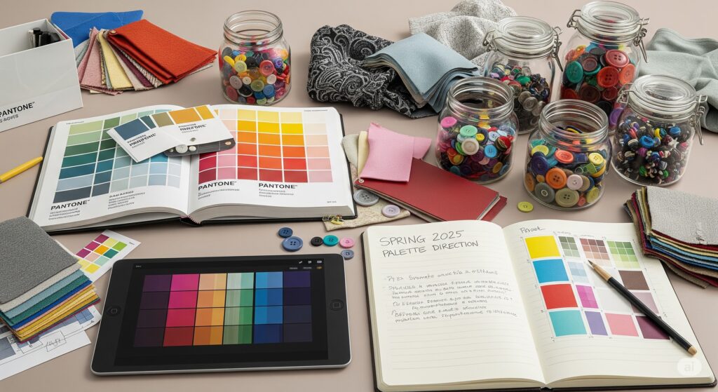 Flat lay of fashion design workspace with Pantone color books, fabric swatches, buttons in jars, and spring 2025 palette notes