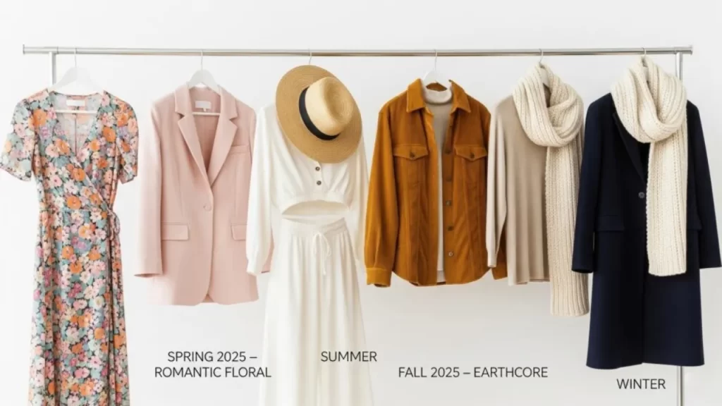 Clothing rack showcasing spring, summer, fall, and winter attire.