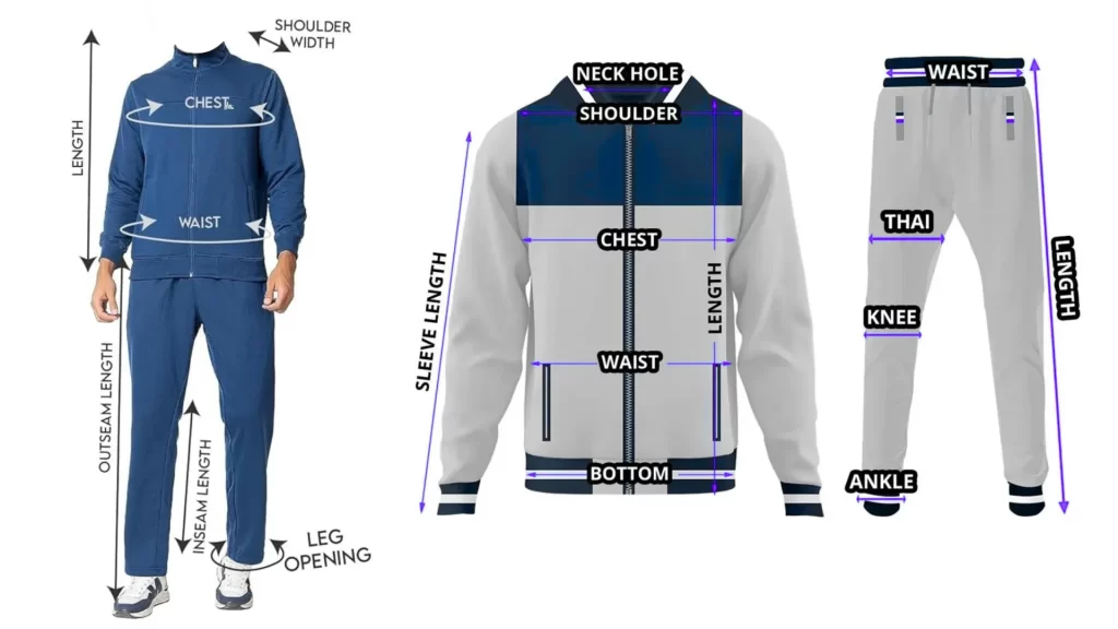 Men's tracksuit measurement chart showing jacket and pants sizing points including chest, waist, outseam, sleeve, shoulder, and ankle – manufacturer guide. Men's Tracksuit Manufacturers