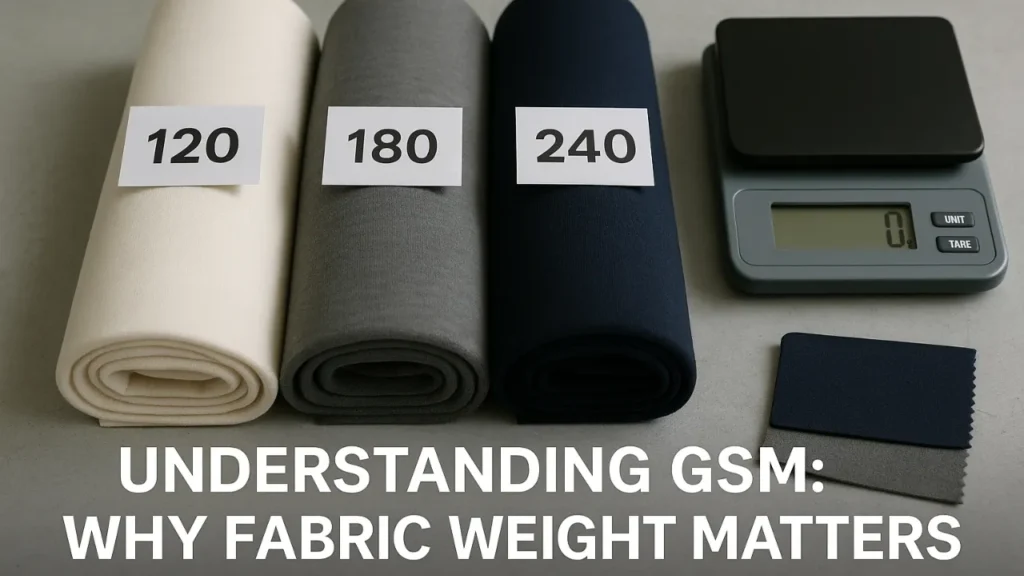 What is GSM in fabric explained by RYZEAL Sourcing, an apparel manufacturing and sourcing company in Bangladesh, showing fabric rolls labeled with different GSM weights.
