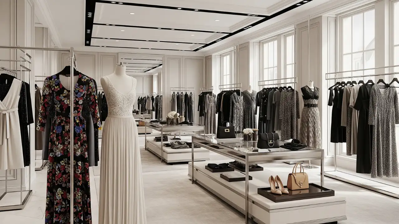 Interior view of a modern apparel buying house showroom with designer garments