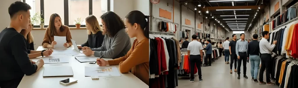 Alt Text: Business team discussion and garment wholesale market scene representing global sourcing trends in sweatpants industry