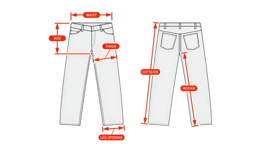 Men's denim jeans measurement guide with waist, rise, thigh, inseam, and outseam labeled – front and back view