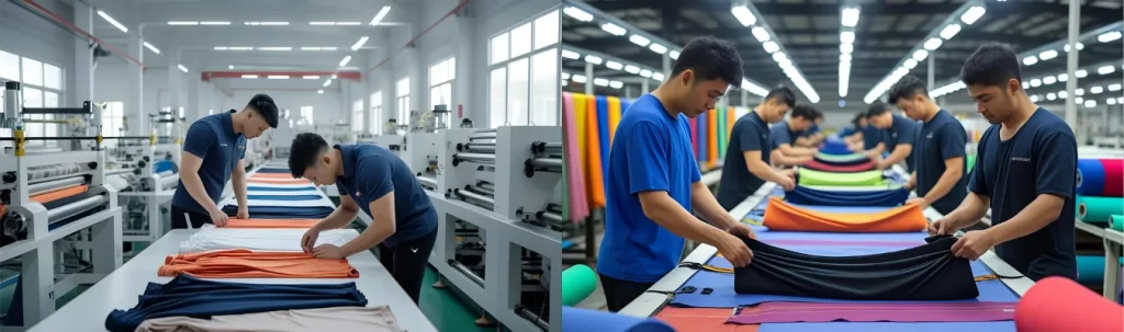 RYZEAL SOURCING workers inspecting and folding colorful leggings fabric in a high-capacity production unit.