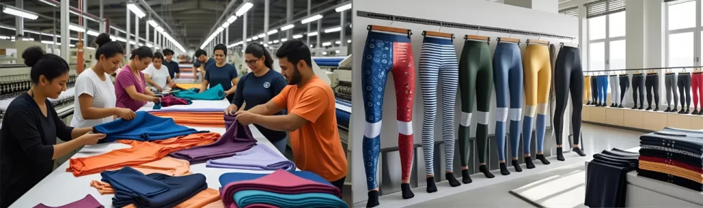 Workers sorting colorful leggings in a factory alongside a showroom display of various printed leggings styles.