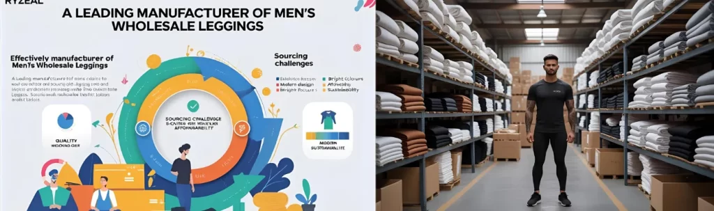 RYZEAL SOURCING men's wholesale leggings showcased in a modern warehouse setting with infographic on sourcing challenges.