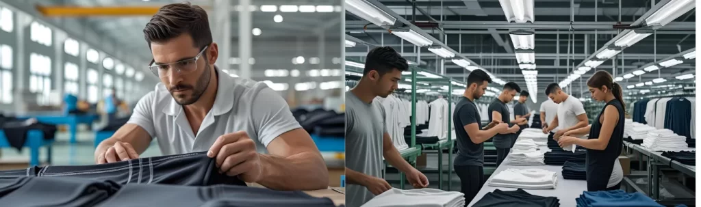 RYZEAL SOURCING team inspecting and folding men's wholesale leggings in a quality control facility.