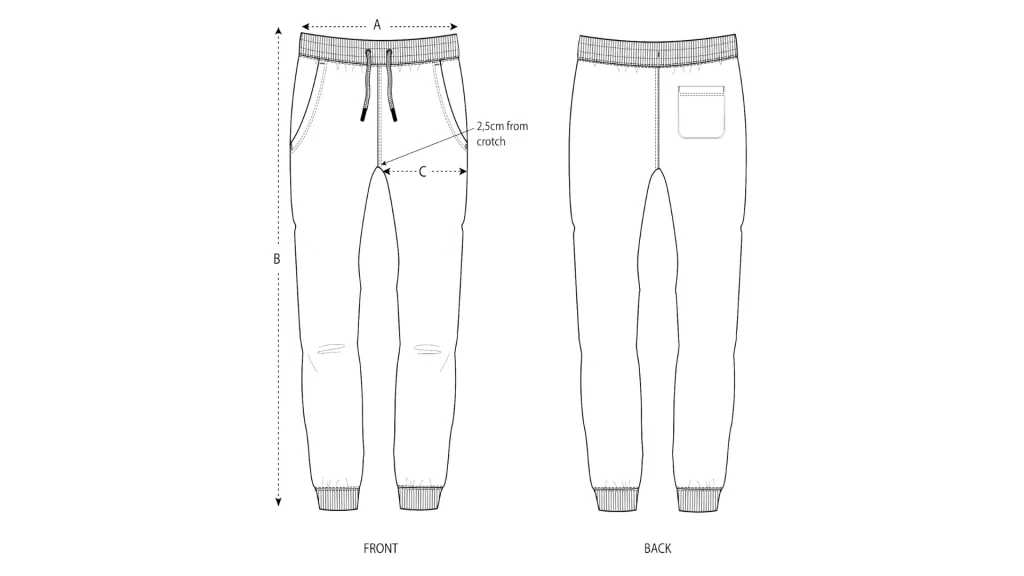 sweatpants measurement guide front and back view – manufacturer reference image from Bangladesh