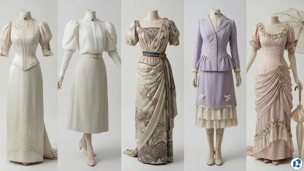 Five Edwardian-era women’s dresses displayed on mannequins, showcasing early 1900s silhouettes with lace, frills, and elegant detailing