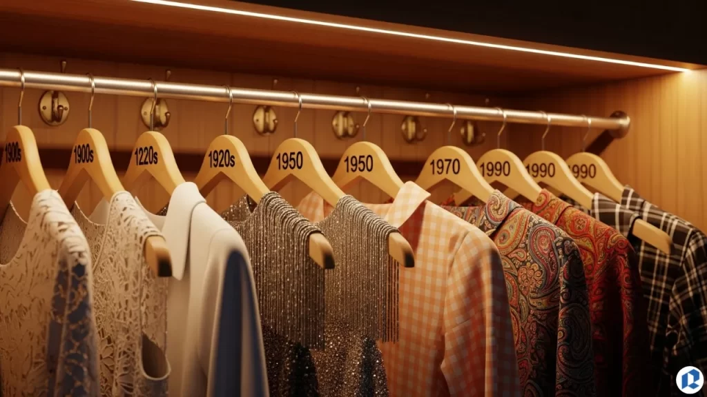 Rack of women’s clothing labeled by decade from 1900s to 2000s, showcasing the evolution of fashion styles