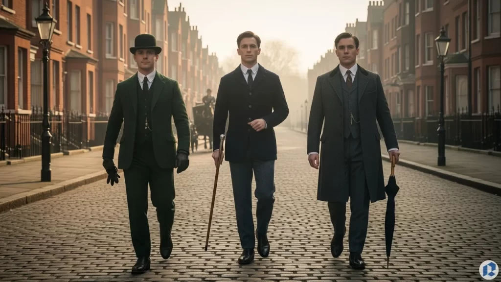 Three men dressed in Edwardian-era suits walking down a cobblestone street, showcasing early 1900s menswear with bowler hats and canes