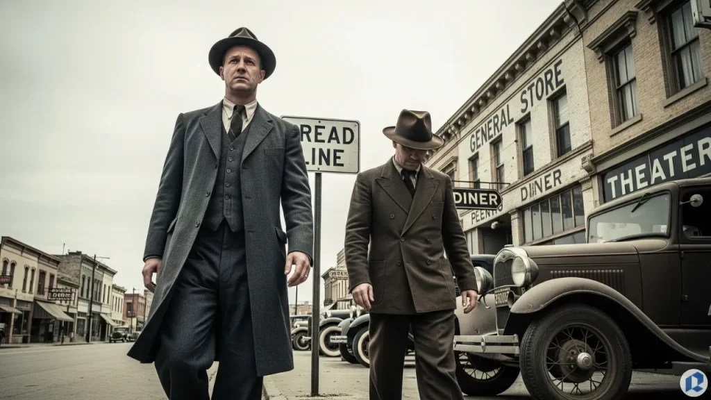 Two men in 1920s–1930s vintage suits and hats walking through a historical downtown with classic cars and storefronts
