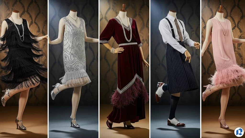 Five 1920s women’s flapper dresses on mannequins featuring fringe, dropped waists, and jazz-age eveningwear styles