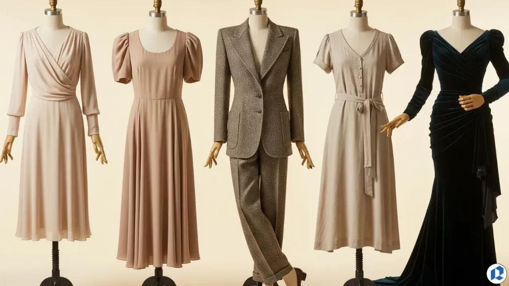 Five 1930s women’s fashion outfits including gowns, a work suit, and evening dresses on mannequins