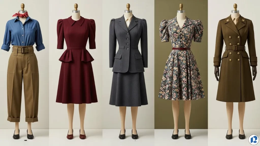 Five mannequins showcasing 1940s women’s fashion including trousers, skirt suits, floral dresses, and military coats