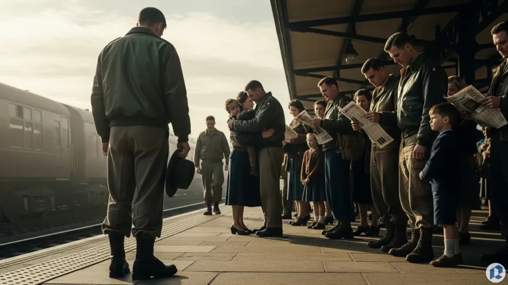 Men in 1940s military-style clothing at a train station, wearing bomber jackets, olive trousers, and functional wartime fashion