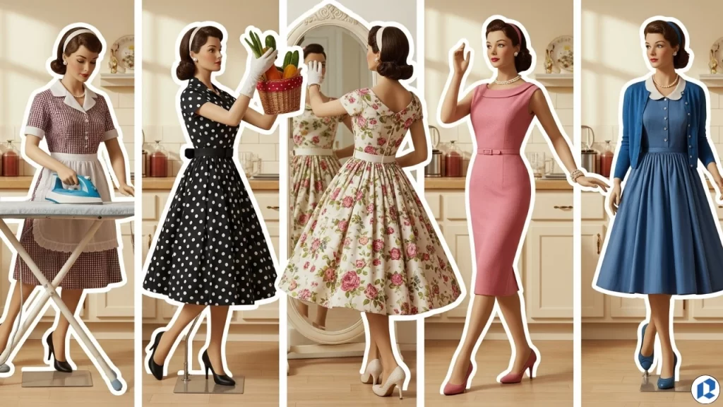 Five mannequins dressed in 1950s women’s fashion featuring cinched waists, full skirts, and postwar domestic styling