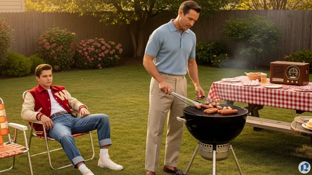 1950s men in a suburban backyard, one wearing a polo and slacks grilling food, the other in jeans and a varsity jacket representing youth rebellion