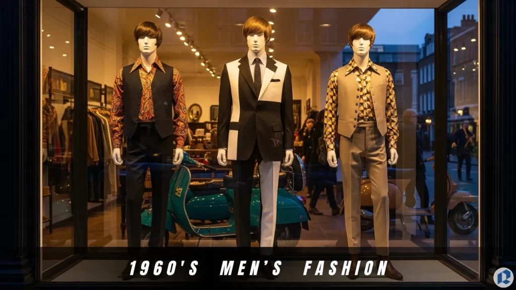 Storefront mannequins dressed in 1960s men’s fashion featuring slim-cut suits, bold patterns, and mod-inspired tailoring