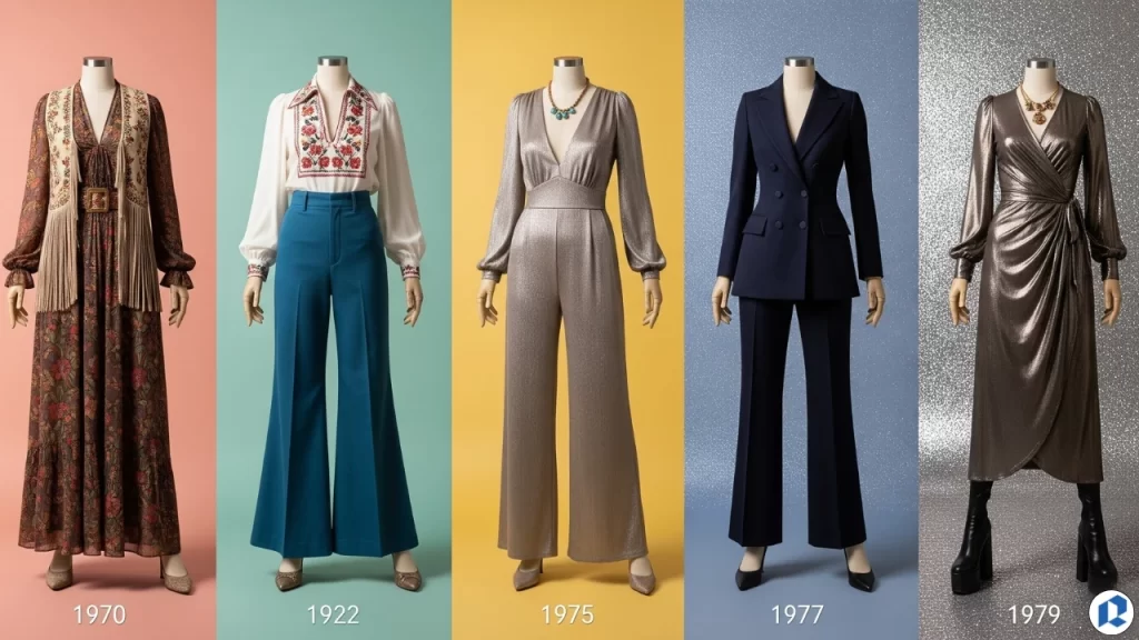 Five mannequins in 1970s women’s fashion showcasing bohemian dresses, bell-bottom pants, disco jumpsuits, and androgynous styles
