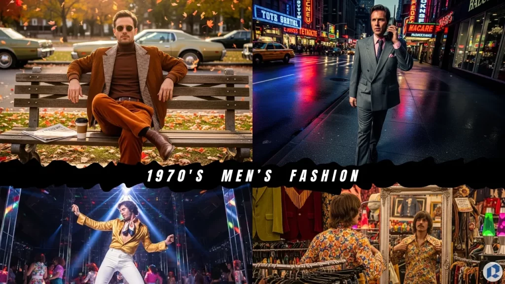 Collage of 1970s men’s fashion including disco outfits, corduroy suits, flare pants, and patterned shirts in vibrant settings
