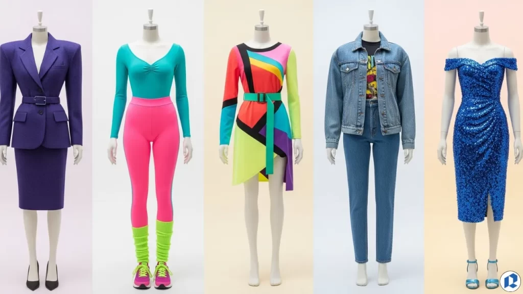 Six mannequins in 1980s women’s fashion showcasing power suits, neon workout gear, color-blocked dresses, denim streetwear, and sequin evening wear