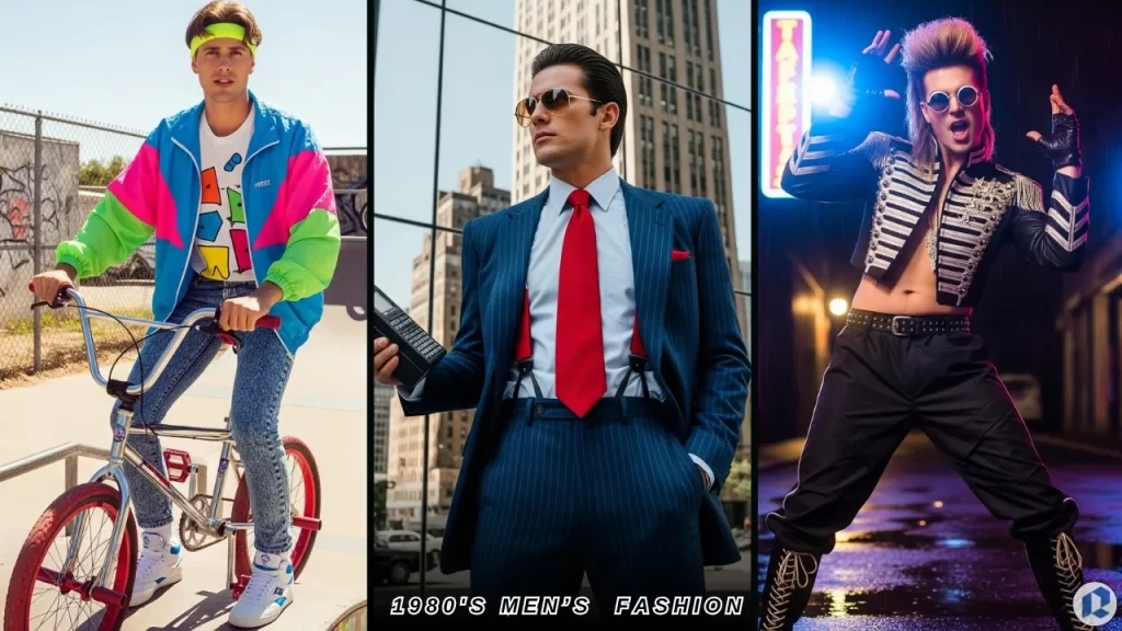 Three styles of 1980s men’s fashion featuring a neon tracksuit, pinstripe power suit, and glam rock stagewear