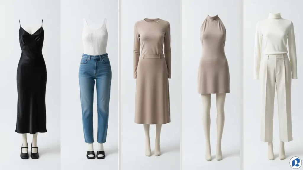 Five mannequins in 1990s women’s fashion featuring a slip dress, denim jeans with a ribbed tank, minimalist long-sleeve dresses, and cream trousers with turtleneck