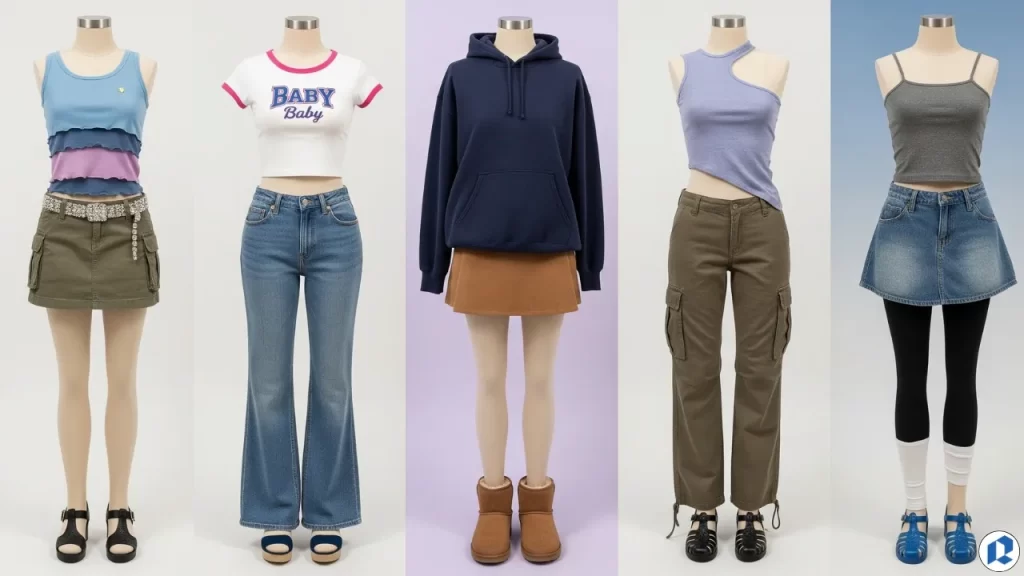 Five mannequins dressed in 2000s women’s Y2K fashion styles, featuring crop tops, low-rise jeans, cargo pants, miniskirts, and layered casual outfits Five mannequins dressed in 2000s women’s Y2K fashion styles, featuring crop tops, low-rise jeans, cargo pants, miniskirts, and layered casual outfits
