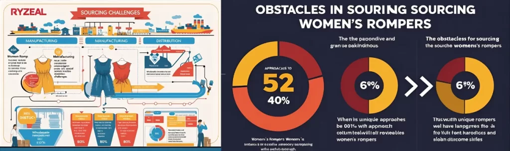 Infographic highlighting sourcing challenges and obstacle statistics in the women’s rompers manufacturing and supply chain.