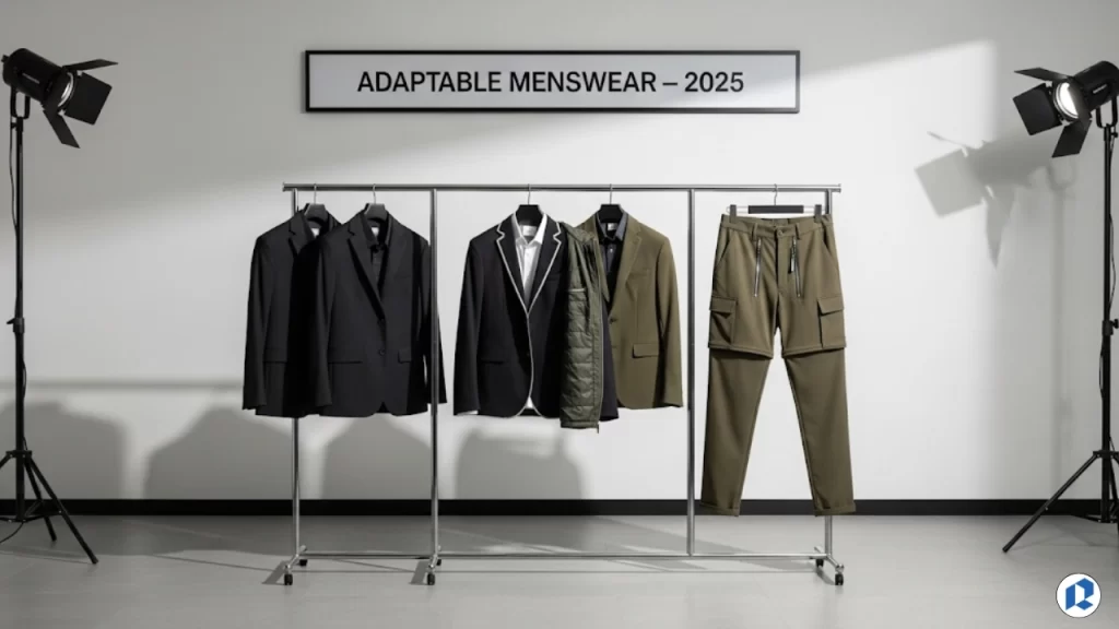 Clothing rack displaying 2025 menswear styles including tailored jackets, layering pieces, and adaptable trousers under a sign that reads 'Adaptable Menswear – 2025'