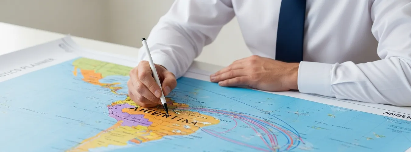 Businessman planning Argentina apparel sourcing on world map with pen