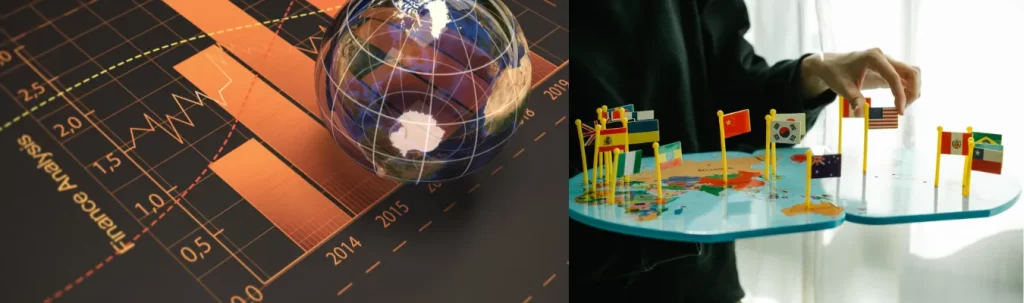 Left: A globe overlaid on financial trend data. Right: A hand placing flags on a world map, representing international sourcing markets.