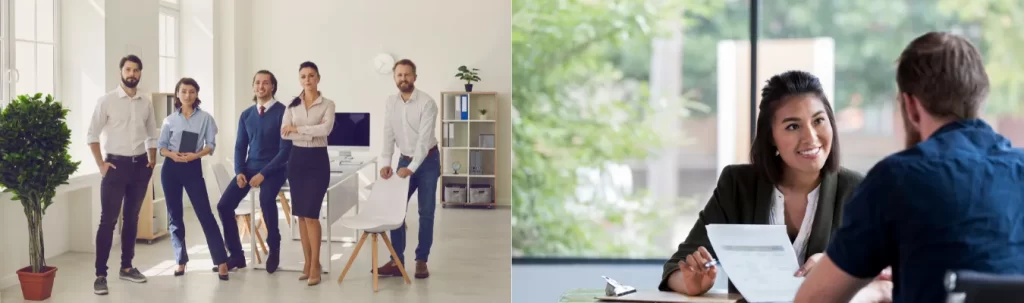 Left: Team of professionals standing confidently in a bright modern office. Right: Businesswoman smiling during a strategy discussion with a client.
