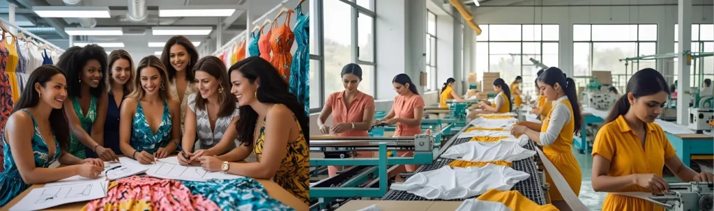 Team of designers and seamstresses working together to create and manufacture children's rompers inside a modern garment factory.