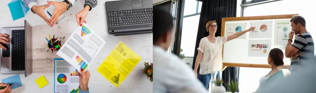 Left: Team reviewing documents and charts around a workspace. Right: A woman presenting analytics to a small group on a whiteboard.