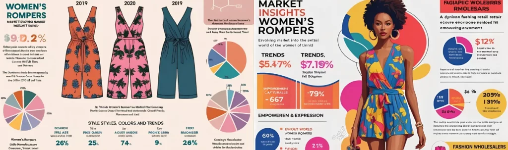 Infographic showing global trends, style variations, and color preferences in the women’s rompers market.