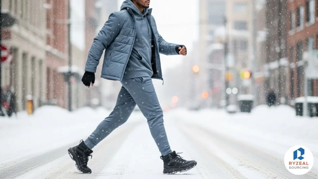 Men’s casual winter fashion 2025 featuring hybrid jackets, thermal joggers, and insulated snow-ready sneakers
