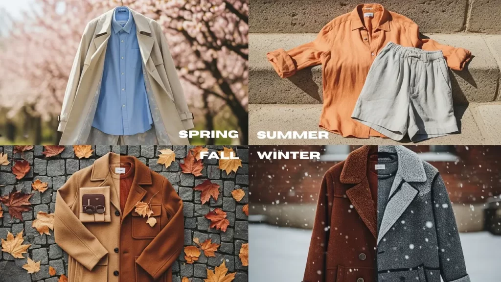 Men’s fashion outfits displayed by season for 2025 including spring trench coat, summer linen set, fall wool coat, and winter shearling coat