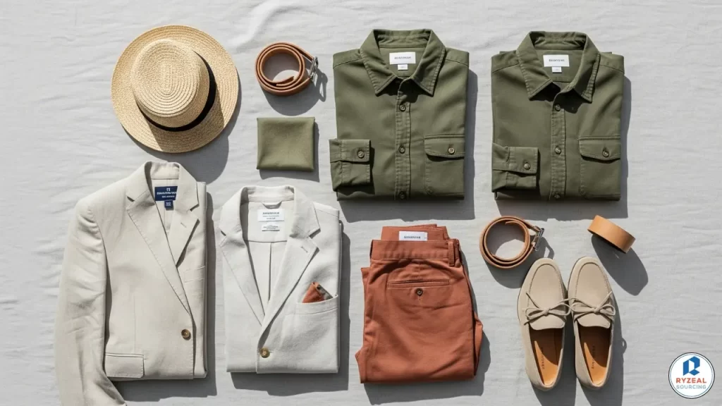 Flat lay of men’s spring fashion 2025 outfits featuring utility shirts, tailored trousers, hats, and accessories in earthy tones