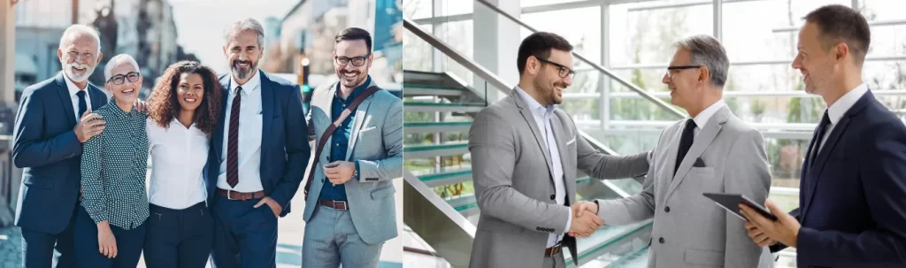 Professional team smiling confidently and business partners shaking hands in agreement.
