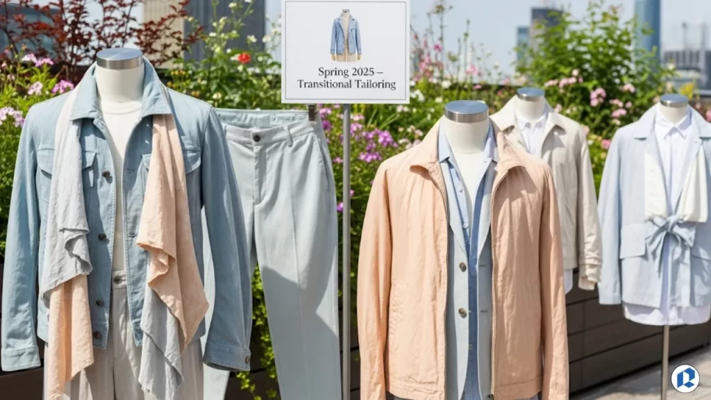 Text breakdown of 2025 men’s fashion by season, describing spring layering, summer ease, fall textures, and winter warmth across a year-round style approach