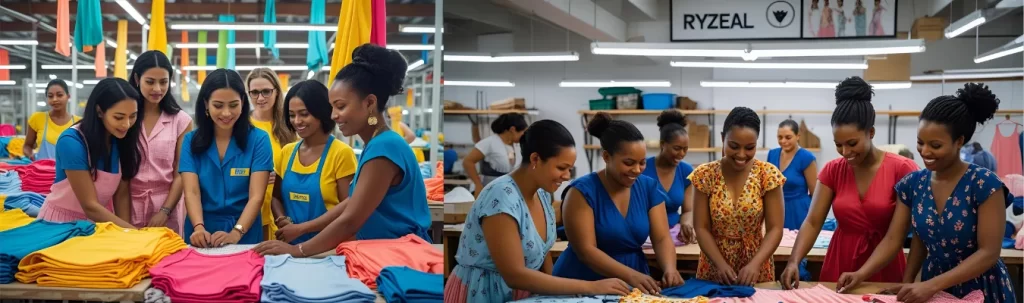 Women inspecting and folding colorful children's rompers at a garment factory under the RYZEAL banner.