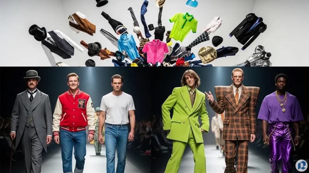 A visual comparison of men’s fashion across eras, from elegant suits to bold and eccentric runway outfits that didn’t age well