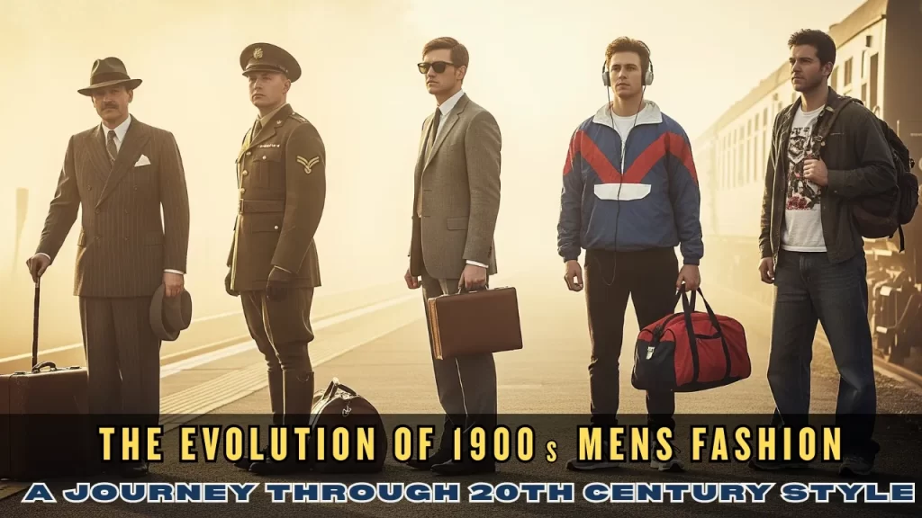 Men dressed in various iconic outfits from different decades of the 1900s, illustrating the evolution of 20th-century men’s fashion