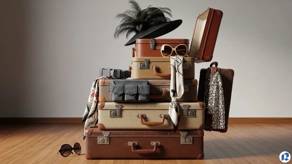 Stack of vintage suitcases topped with fashion accessories from different decades, including hats, sunglasses, and gloves